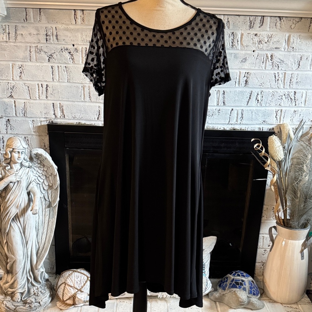 Nina Leonard Black Polka-Dot Mesh Yoke Midi Dress